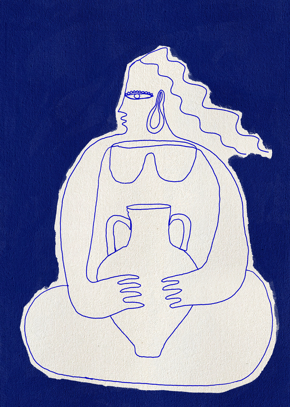 Illustration af figur med urne på blå baggrund