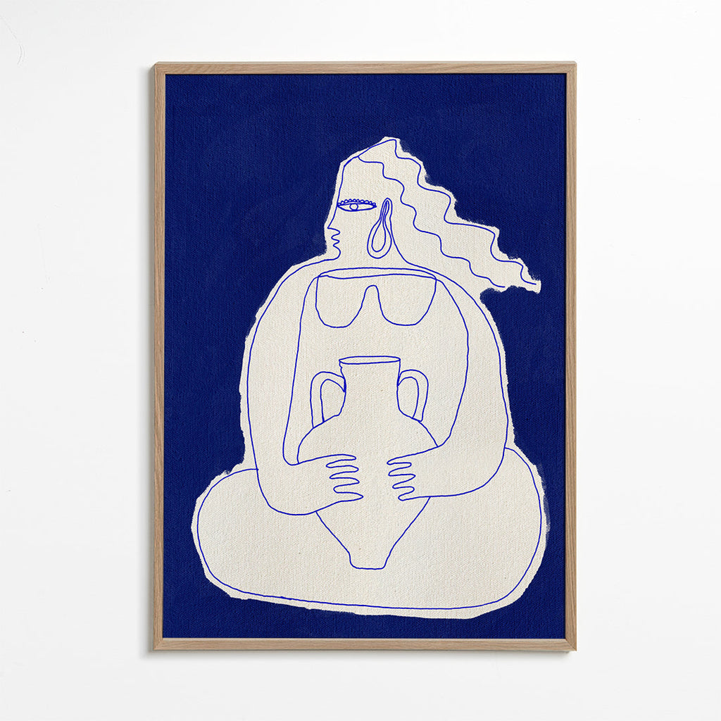 Illustration af figur med urne på blå baggrund