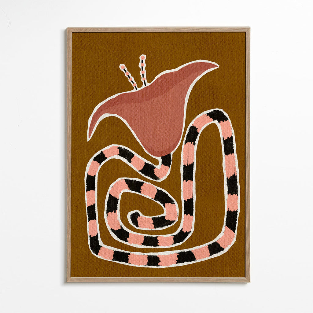 Botanisk plakat med stiliseret rosa blomst