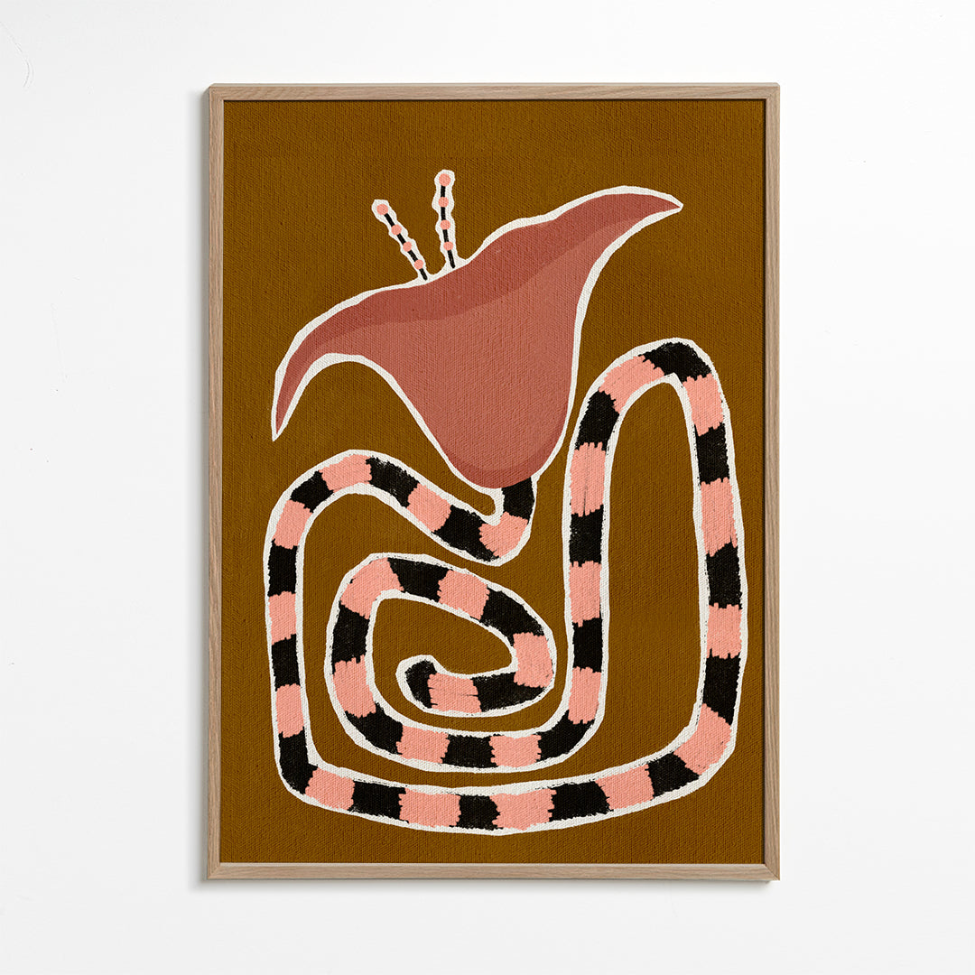 Botanisk plakat med stiliseret rosa blomst