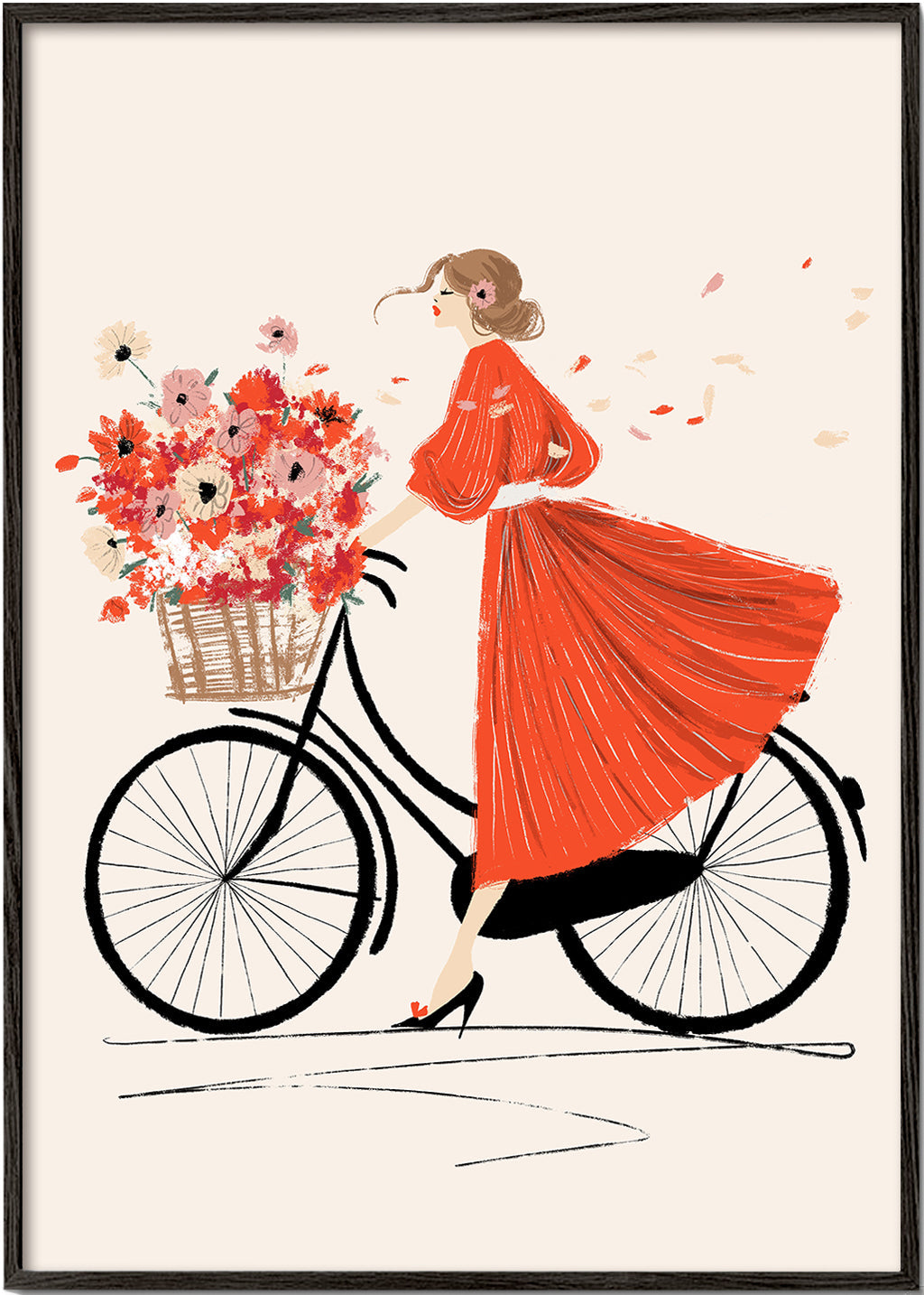Illustration: cykel med blomster og rød kjole