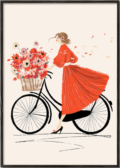 Illustration: cykel med blomster og rød kjole