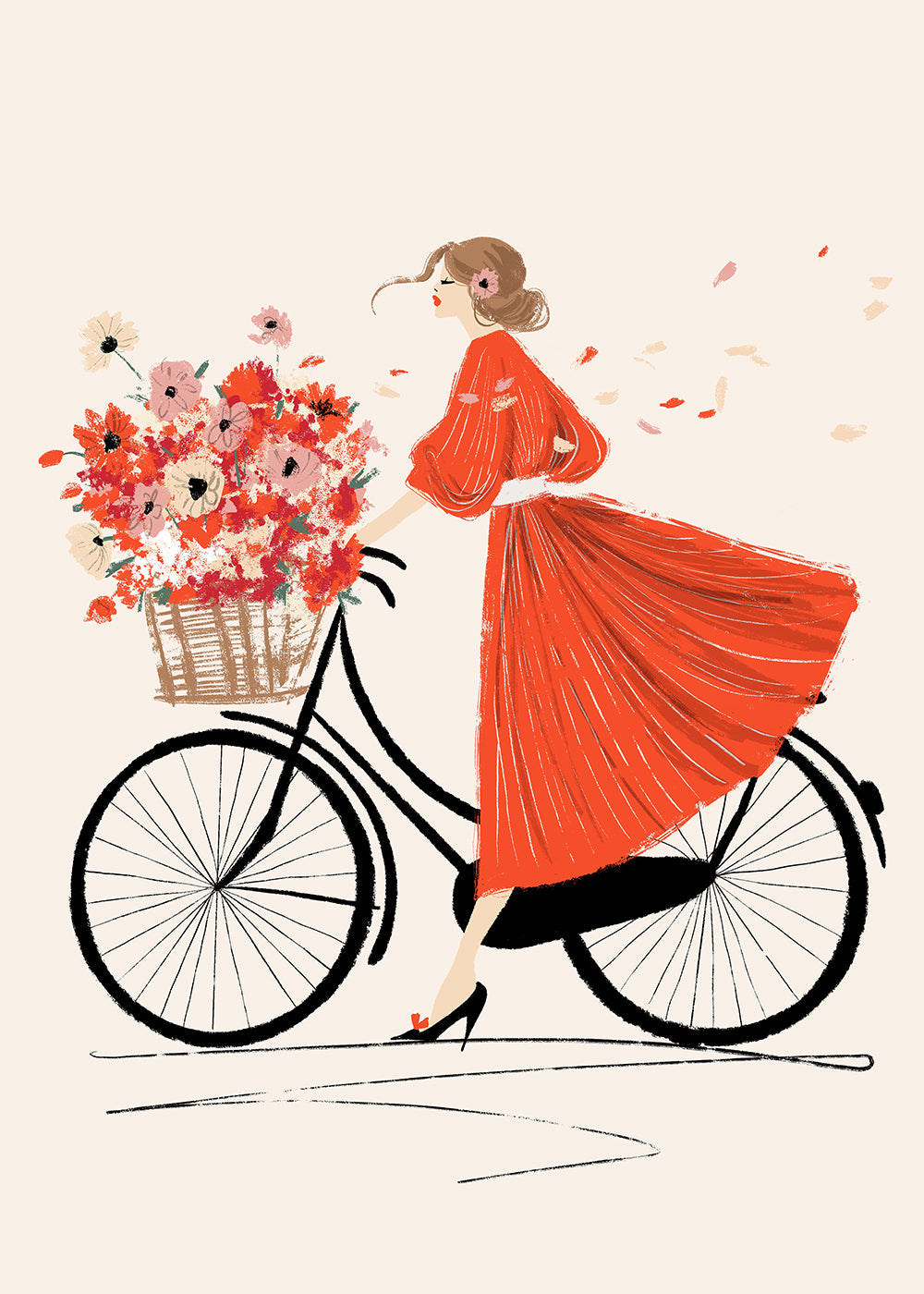 Illustration: cykel med blomster og rød kjole