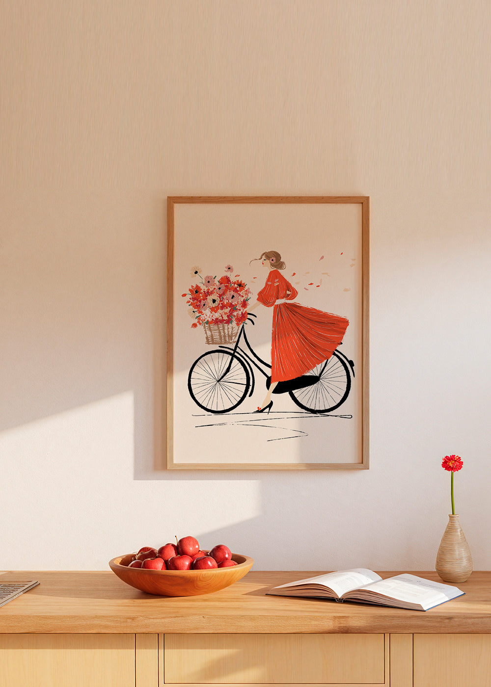 Illustration: cykel med blomster og rød kjole
