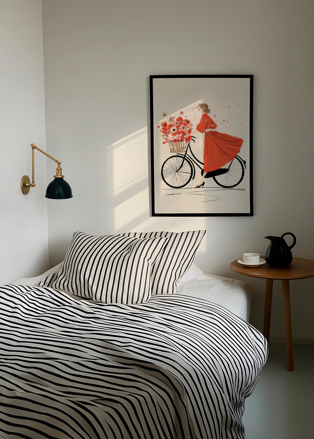 Illustration: cykel med blomster og rød kjole