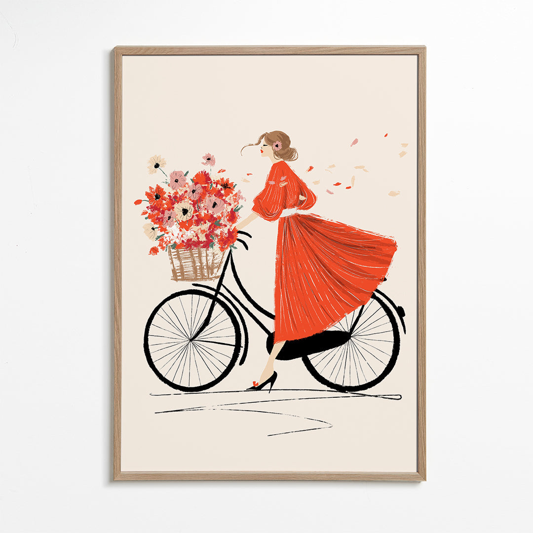 Illustration: cykel med blomster og rød kjole