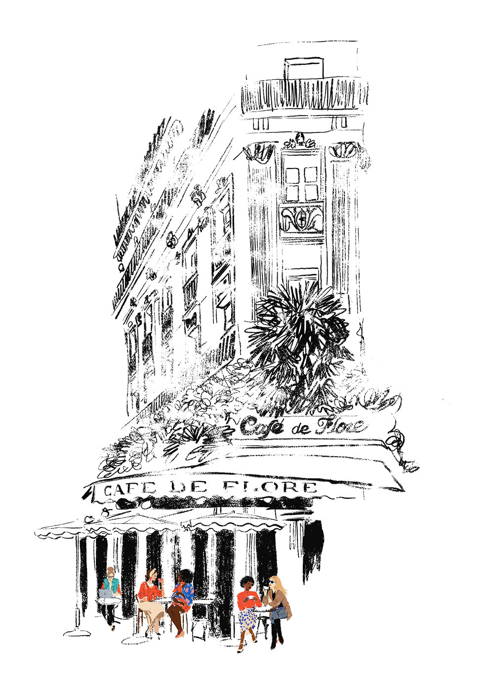 Køkkenkunst: Parisisk café-illustration på facade