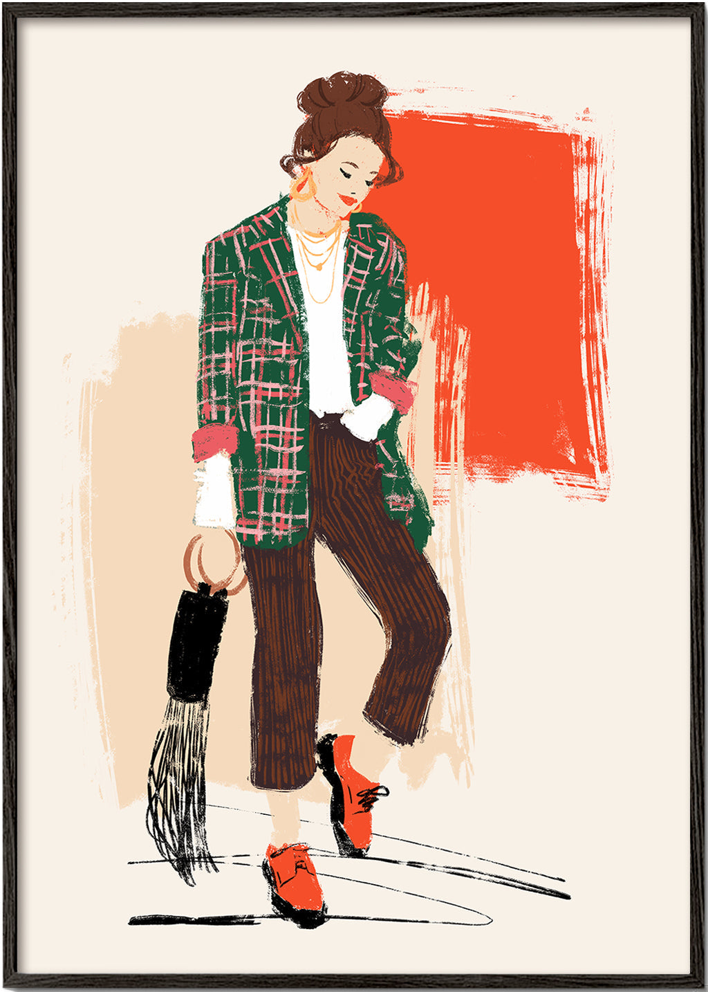 Modeillustration med ternet jakke