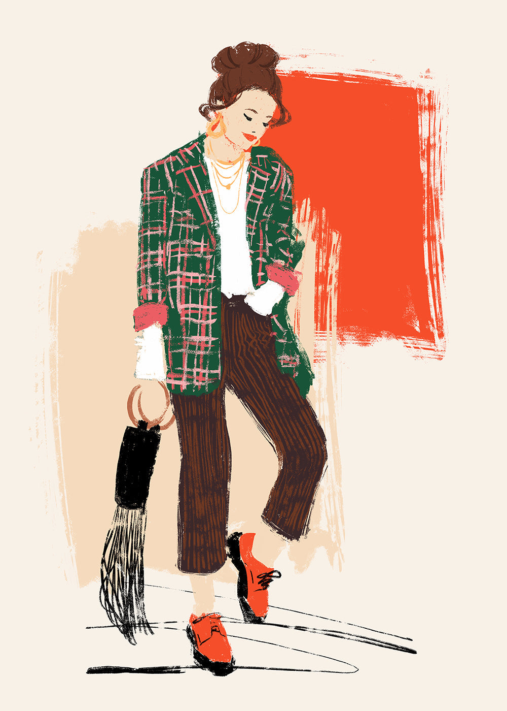 Modeillustration med ternet jakke