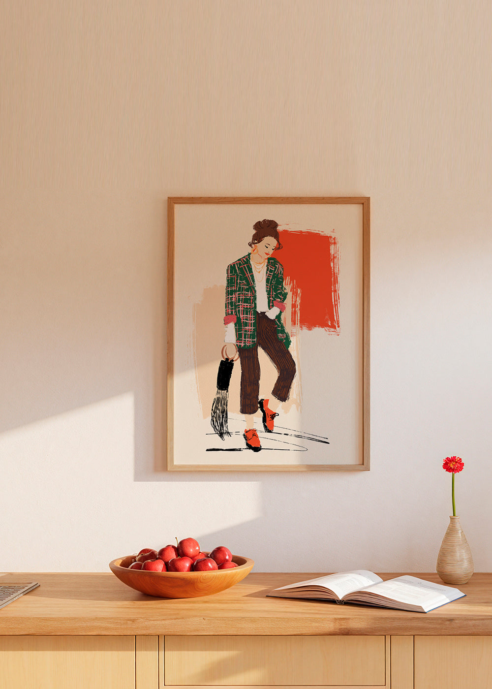 Modeillustration med ternet jakke