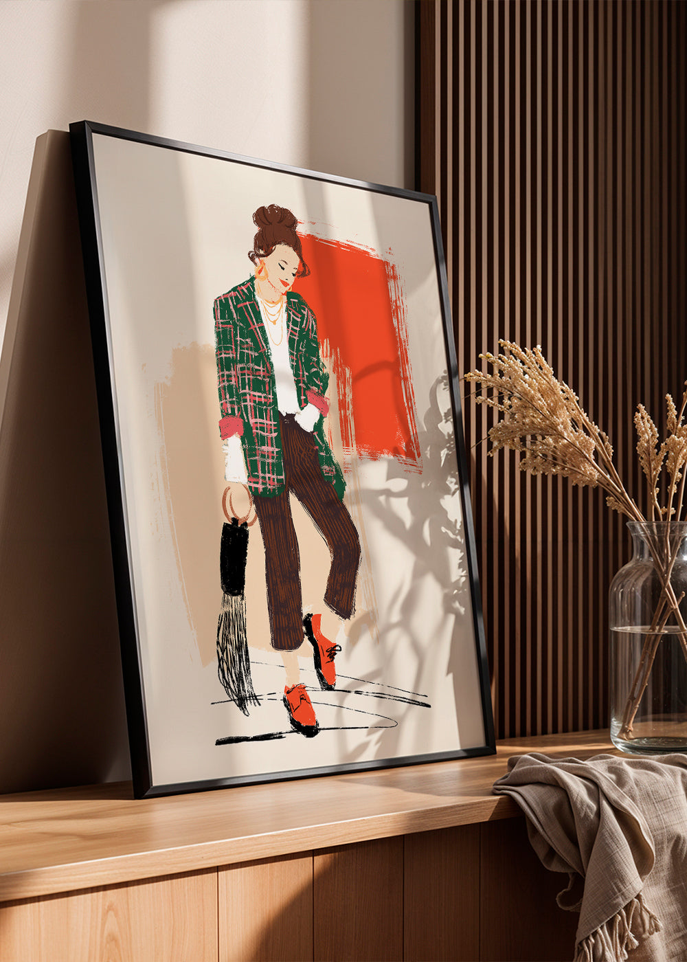Modeillustration med ternet jakke
