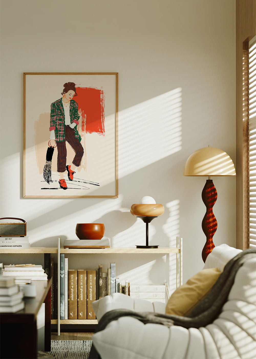 Modeillustration med ternet jakke