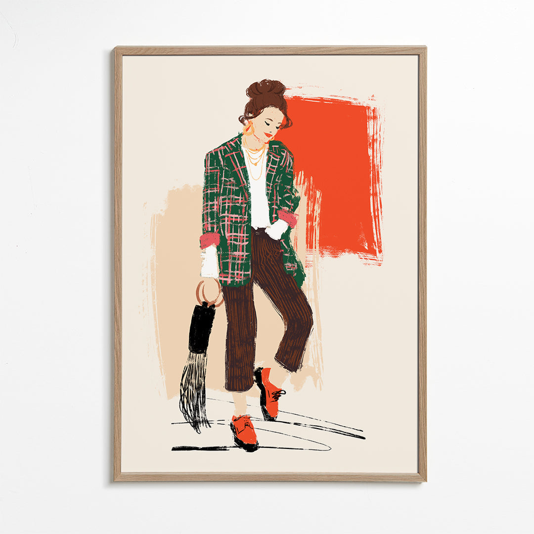 Modeillustration med ternet jakke