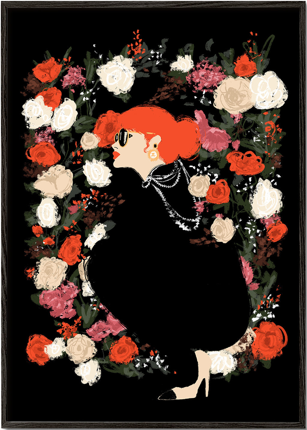 Botanisk plakat med kvindesilhuet og blomsterkrans