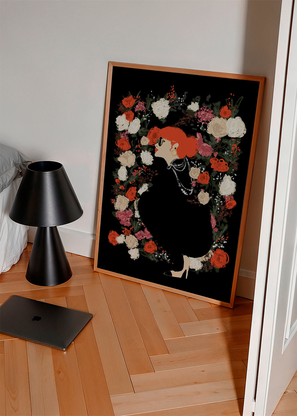 Botanisk plakat med kvindesilhuet og blomsterkrans