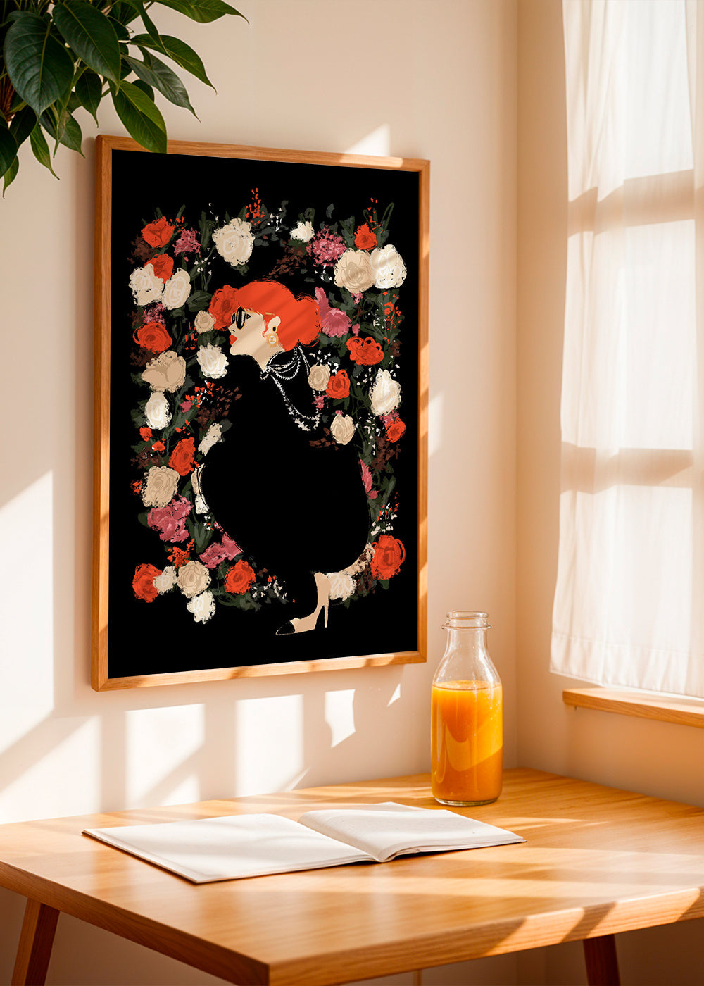 Botanisk plakat med kvindesilhuet og blomsterkrans