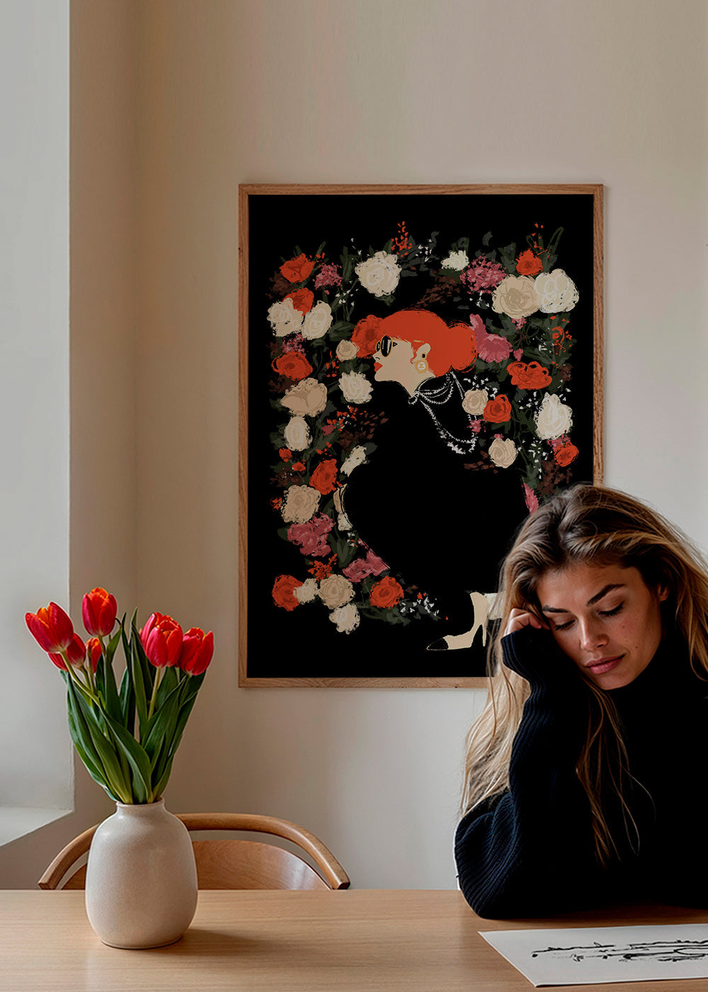Botanisk plakat med kvindesilhuet og blomsterkrans