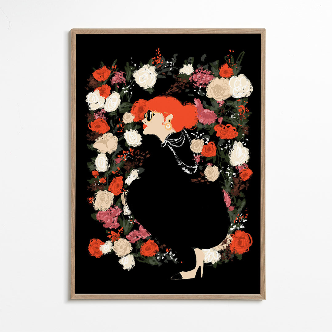 Botanisk plakat med kvindesilhuet og blomsterkrans