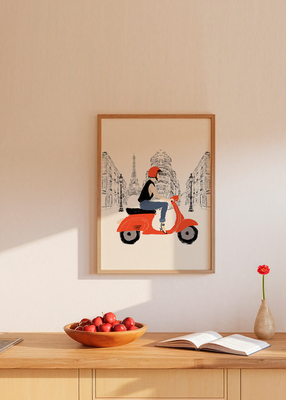 Rejseplakat med rød scooter i Paris