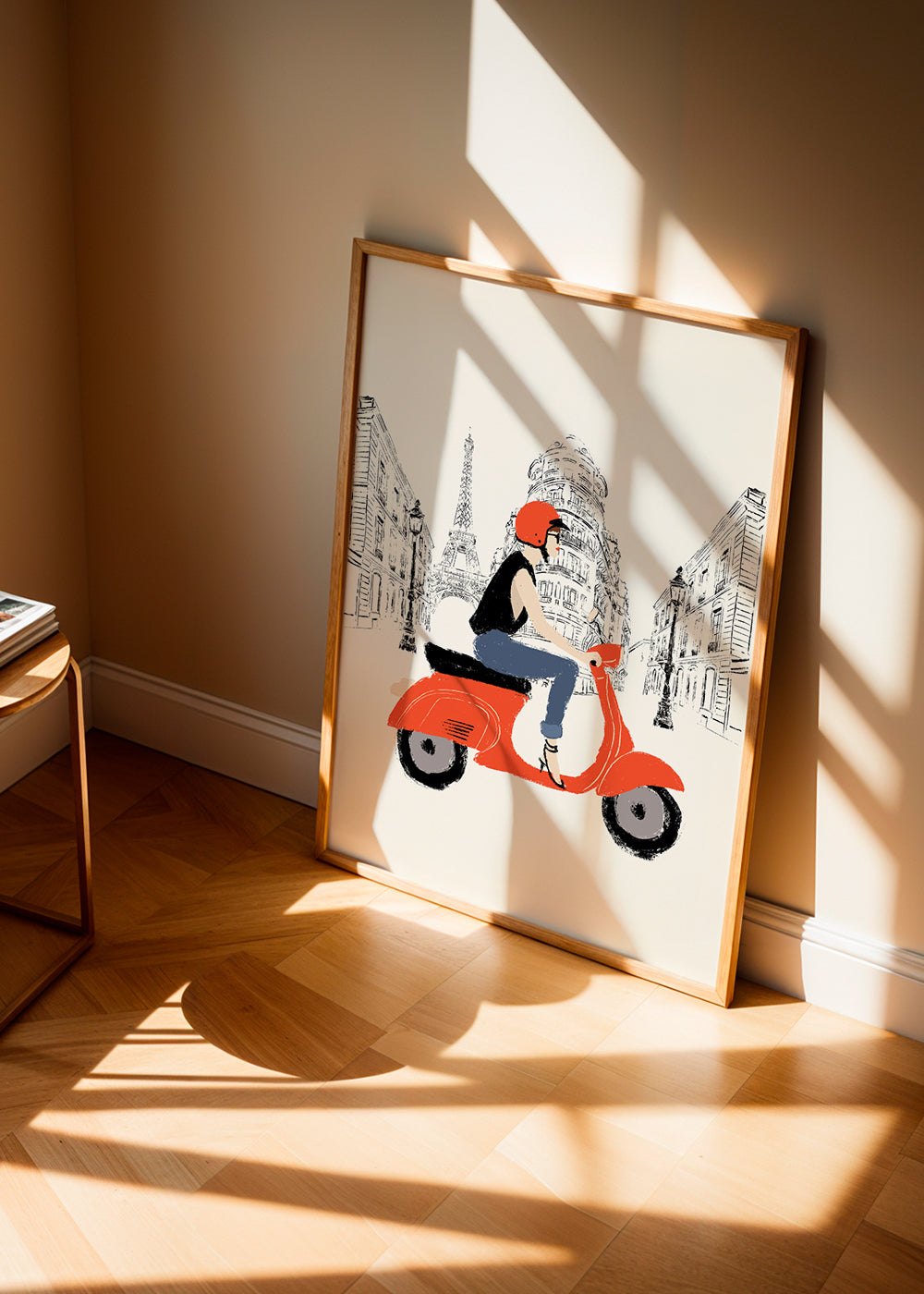 Rejseplakat med rød scooter i Paris