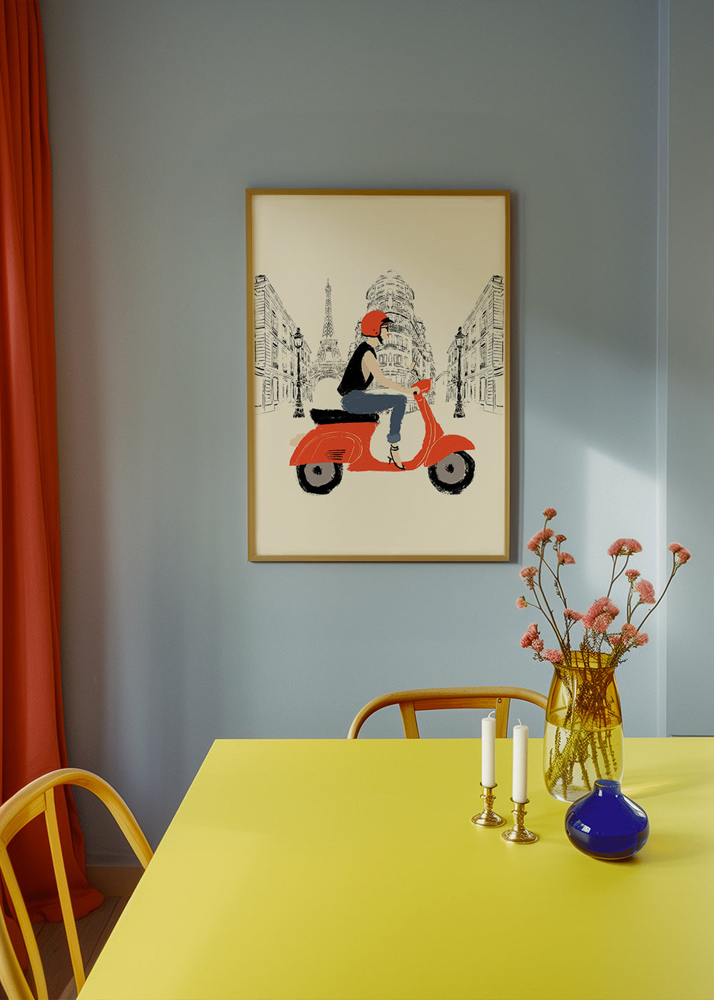 Rejseplakat med rød scooter i Paris