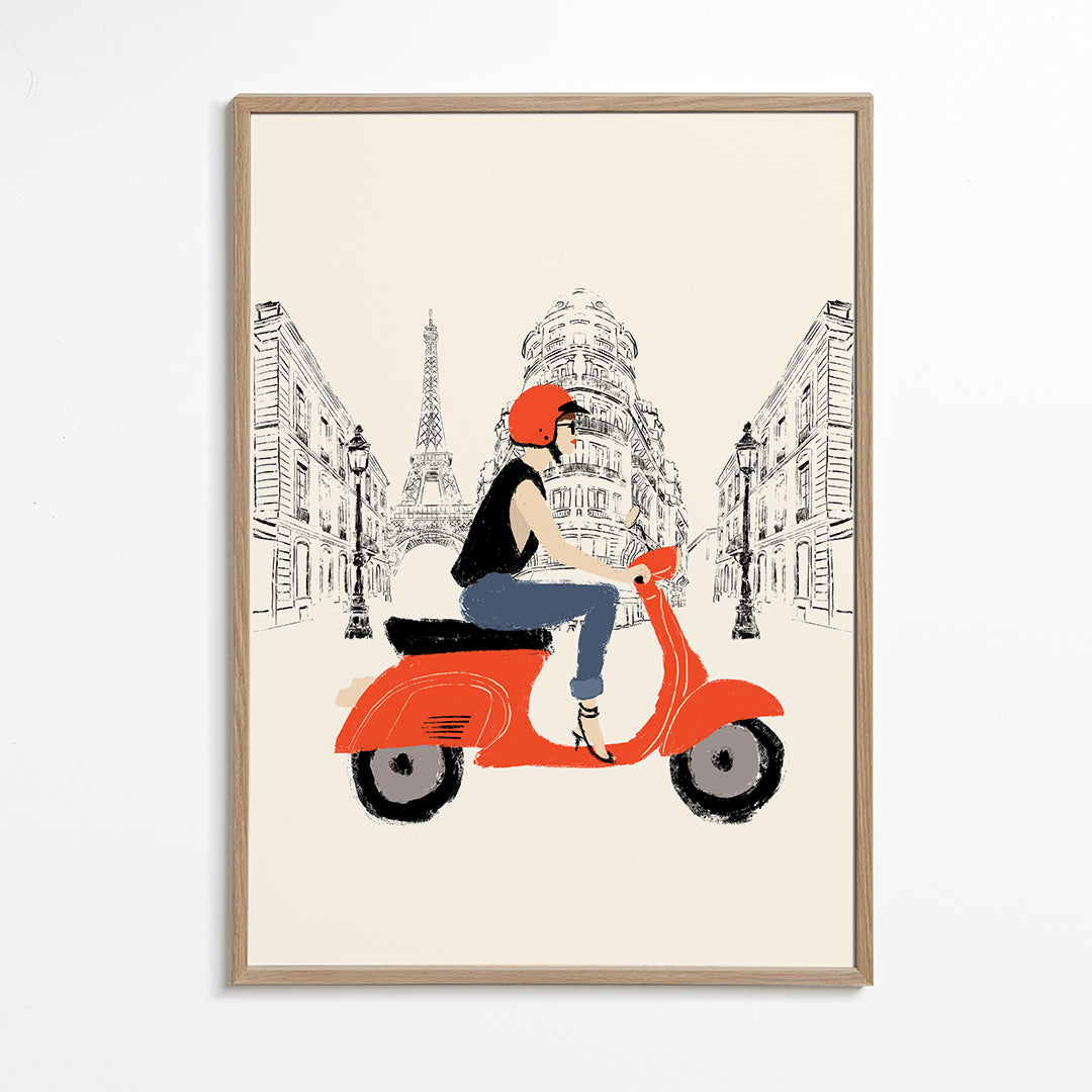Rejseplakat med rød scooter i Paris