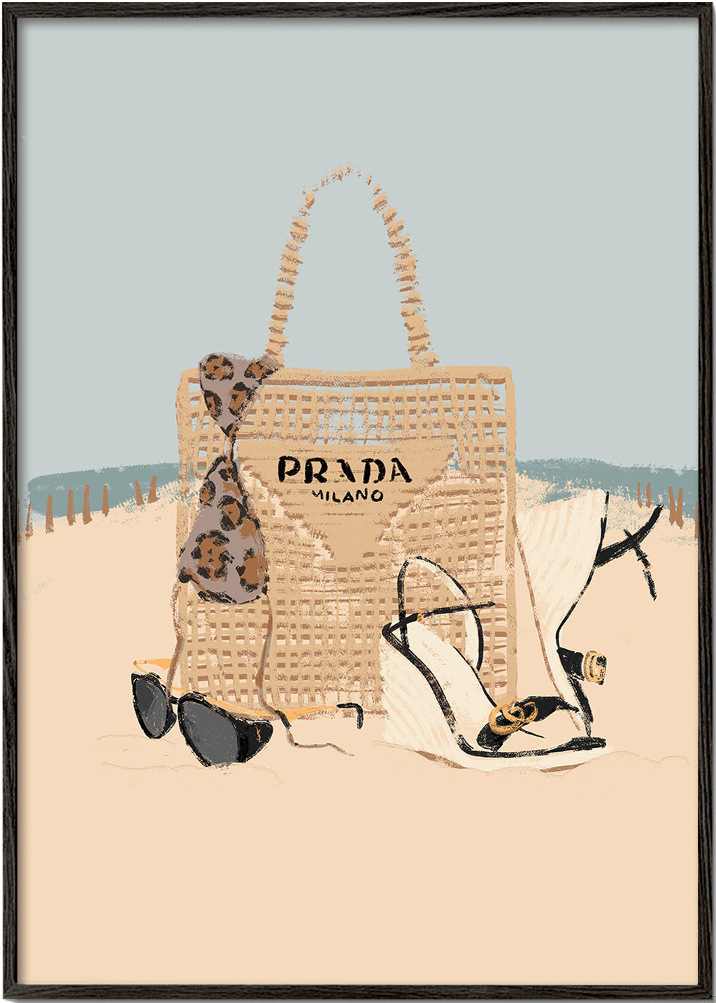 Landskabskunst med strandtaske og sandaler