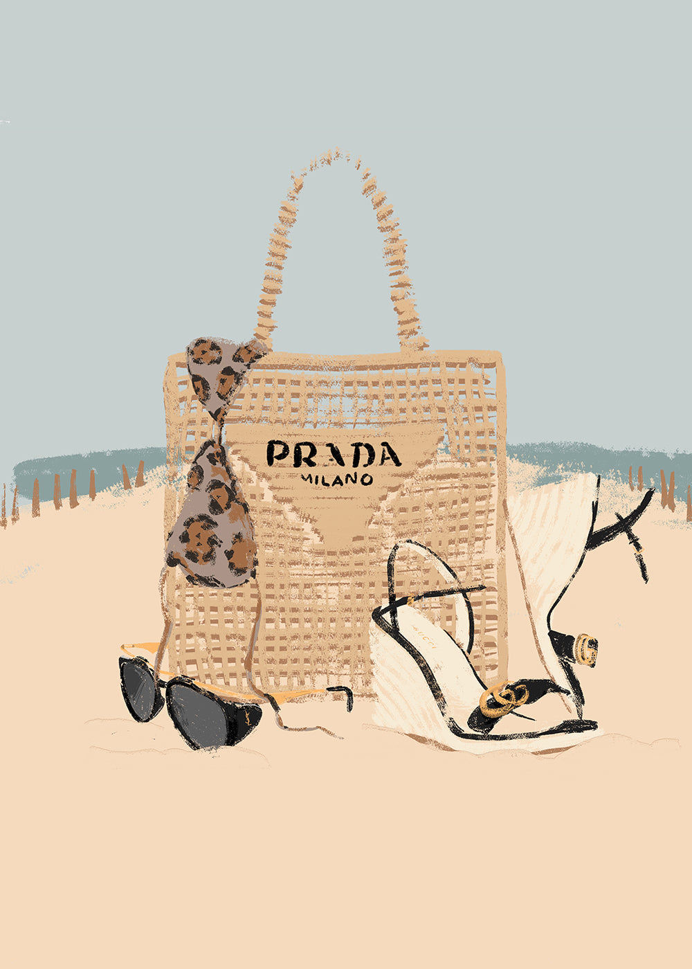 Landskabskunst med strandtaske og sandaler