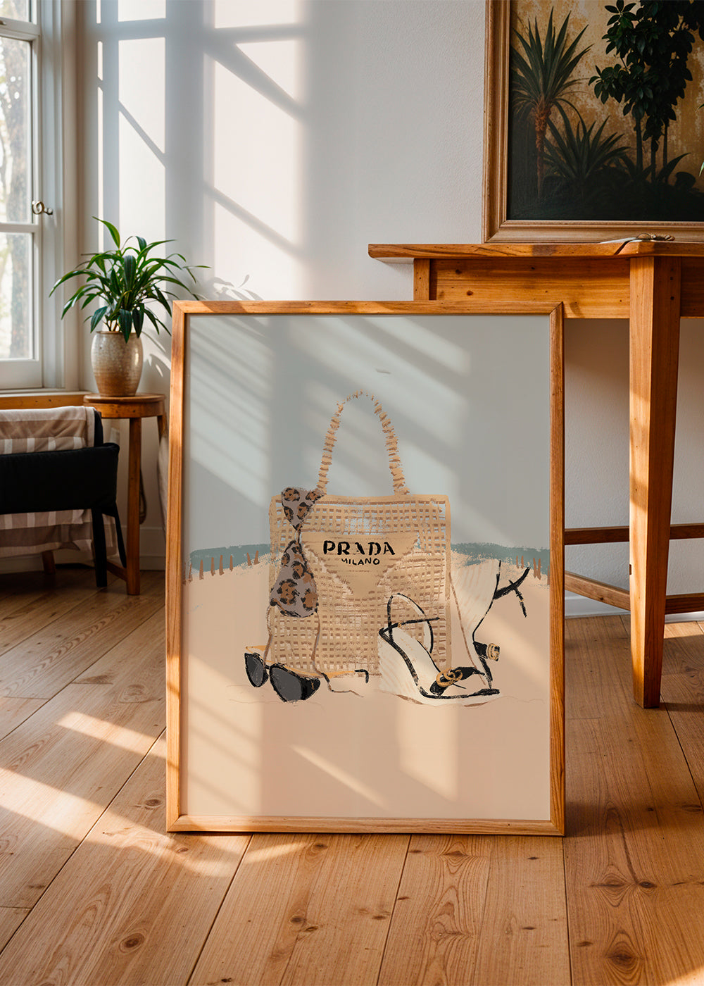 Landskabskunst med strandtaske og sandaler
