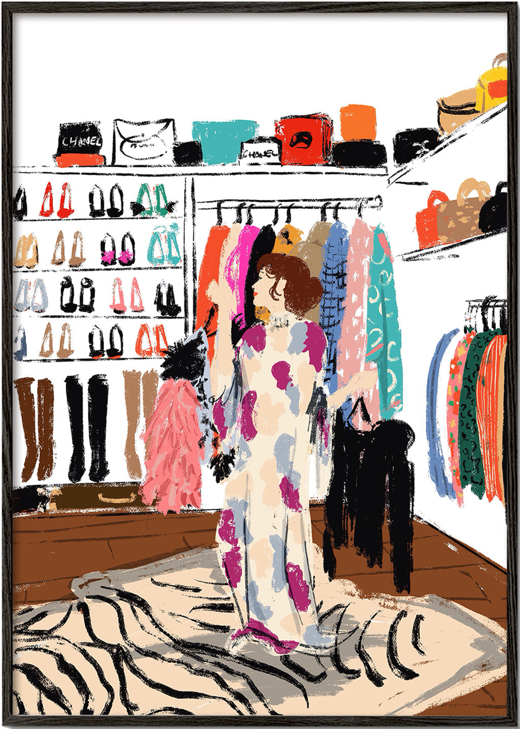 Illustration af garderobe med farverige beklædningsgenstande