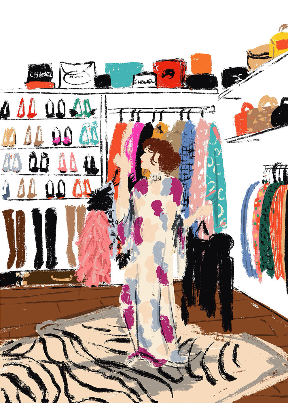 Illustration af garderobe med farverige beklædningsgenstande