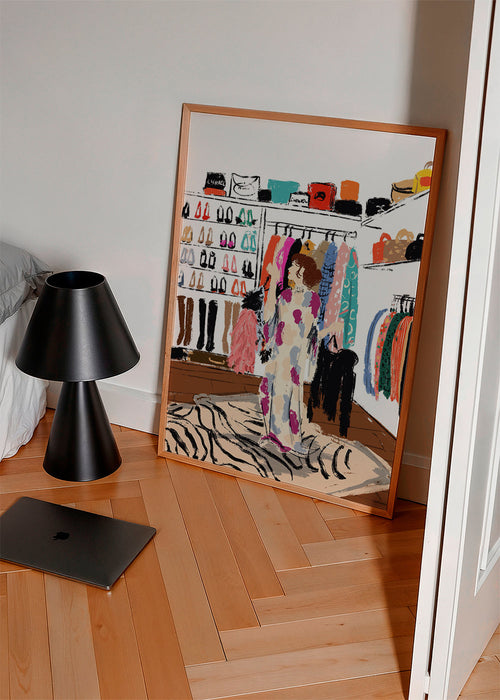 Illustration af garderobe med farverige beklædningsgenstande
