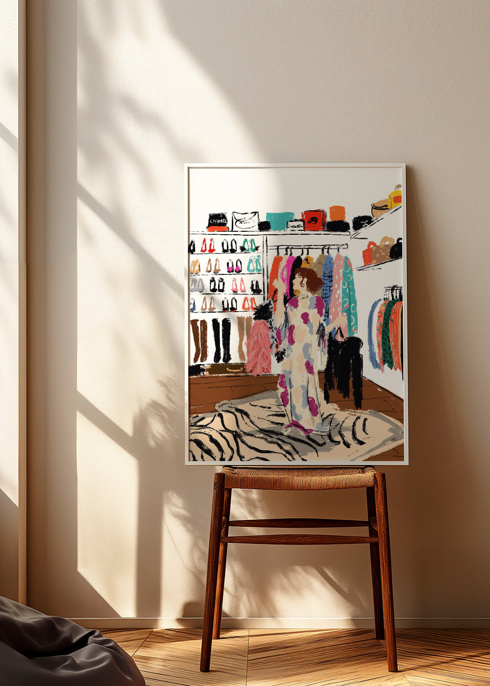 Illustration af garderobe med farverige beklædningsgenstande