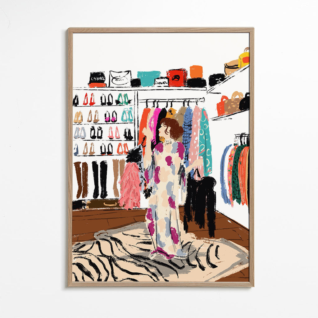 Illustration af garderobe med farverige beklædningsgenstande