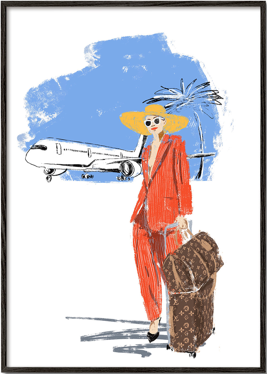 Rejseplakat: elegant rejsende med kuffert og fly