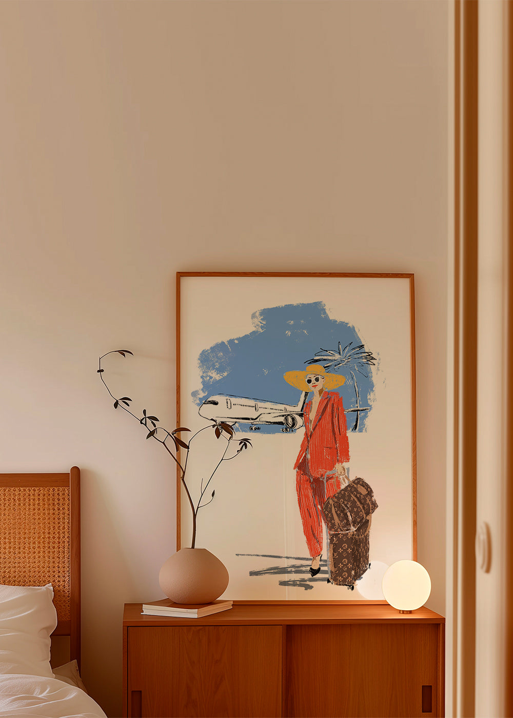 Rejseplakat: elegant rejsende med kuffert og fly