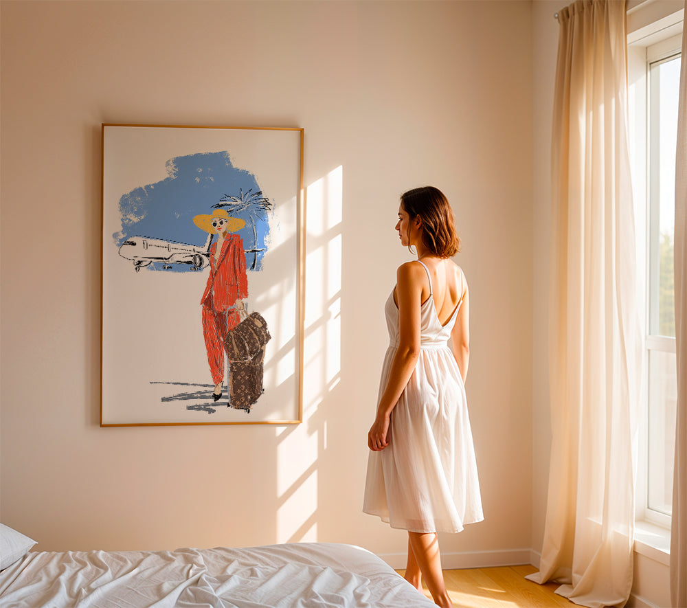 Rejseplakat: elegant rejsende med kuffert og fly