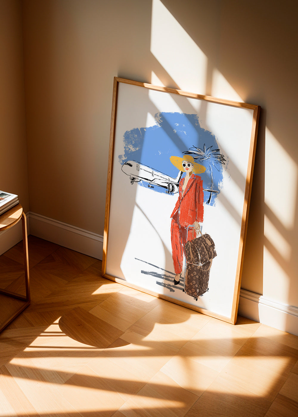 Rejseplakat: elegant rejsende med kuffert og fly