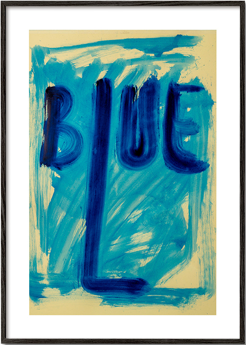 Abstrakt billede med håndmalet blå typografi – Black Frame