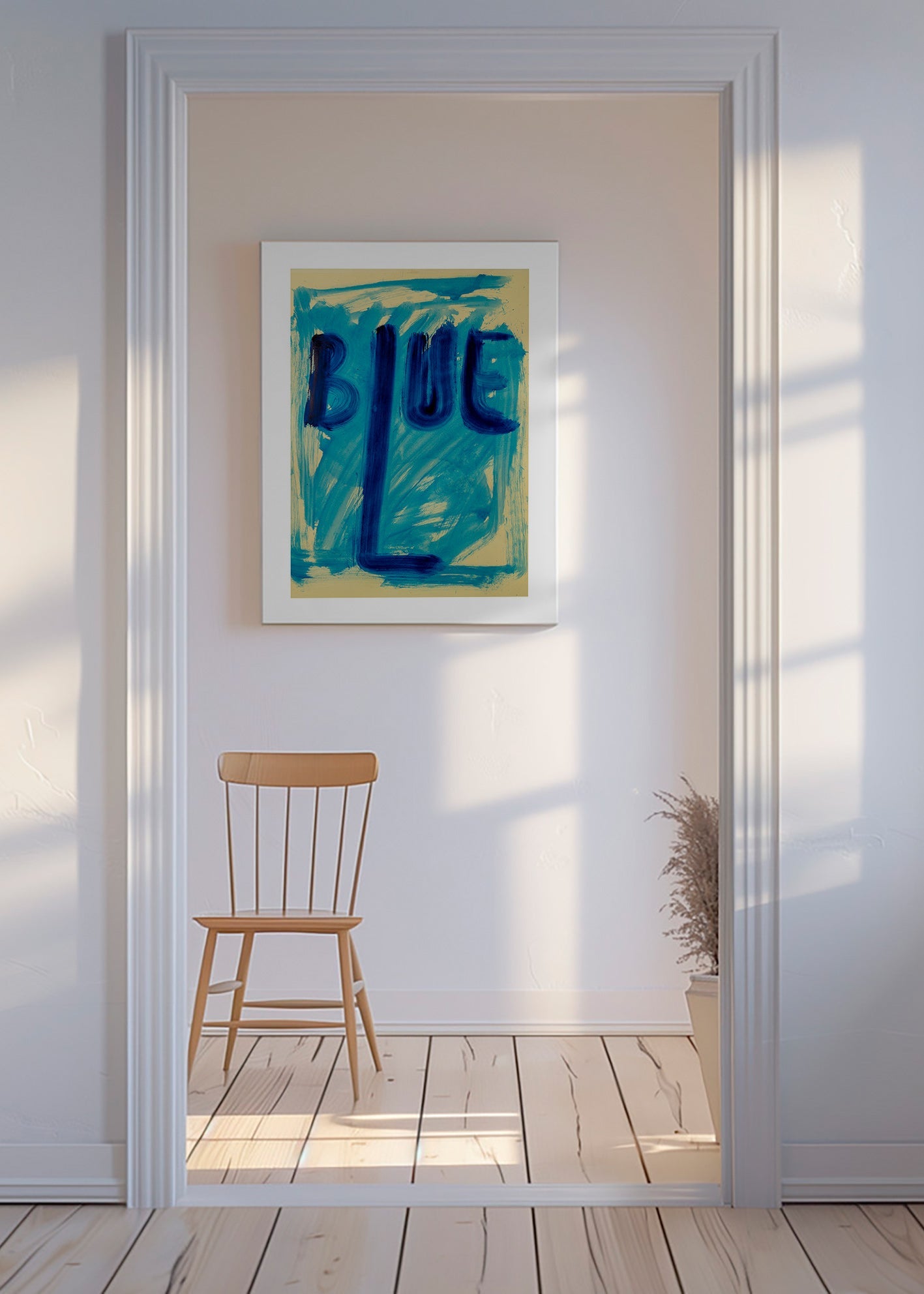 Abstrakt billede med håndmalet blå typografi – Canvas