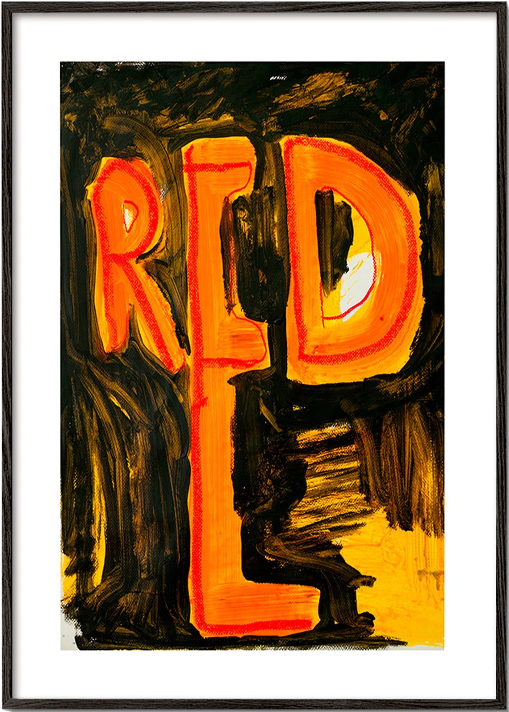 Typografisk illustration 'RED' med malerisk penselstrøg – Black Frame