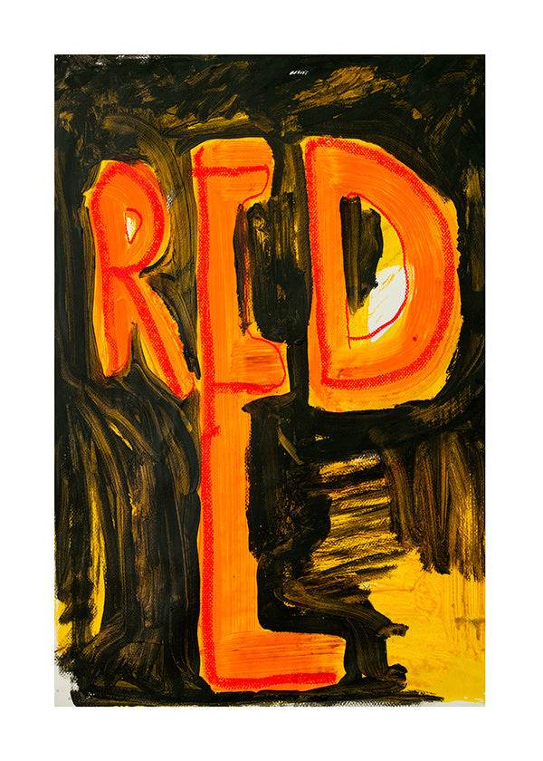 Typografisk illustration 'RED' med malerisk penselstrøg