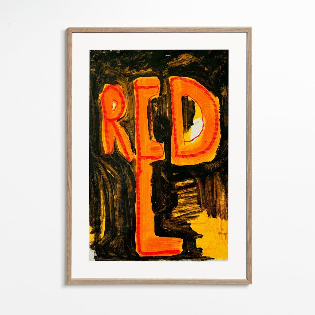 Typografisk illustration 'RED' med malerisk penselstrøg – Oak Frame