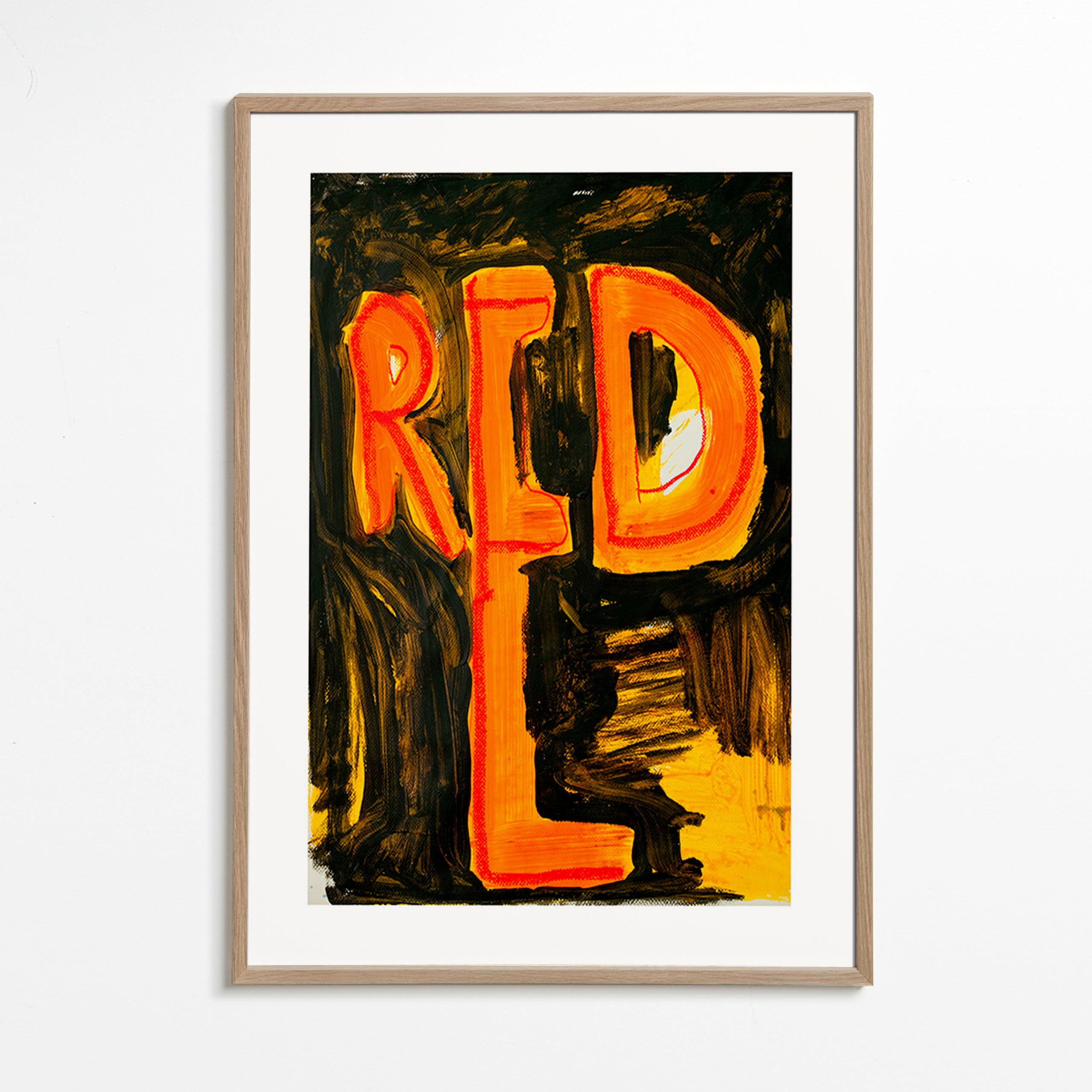 Typografisk illustration 'RED' med malerisk penselstrøg – Oak Frame