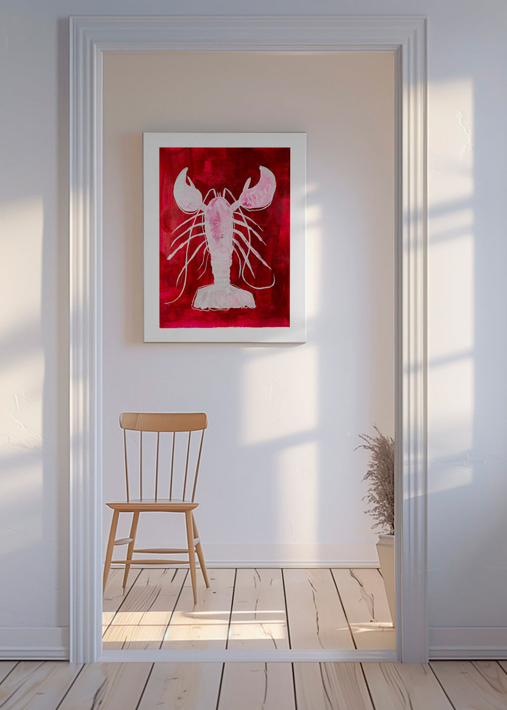 Køkkenkunst: hvid hummer på rød baggrund – Canvas