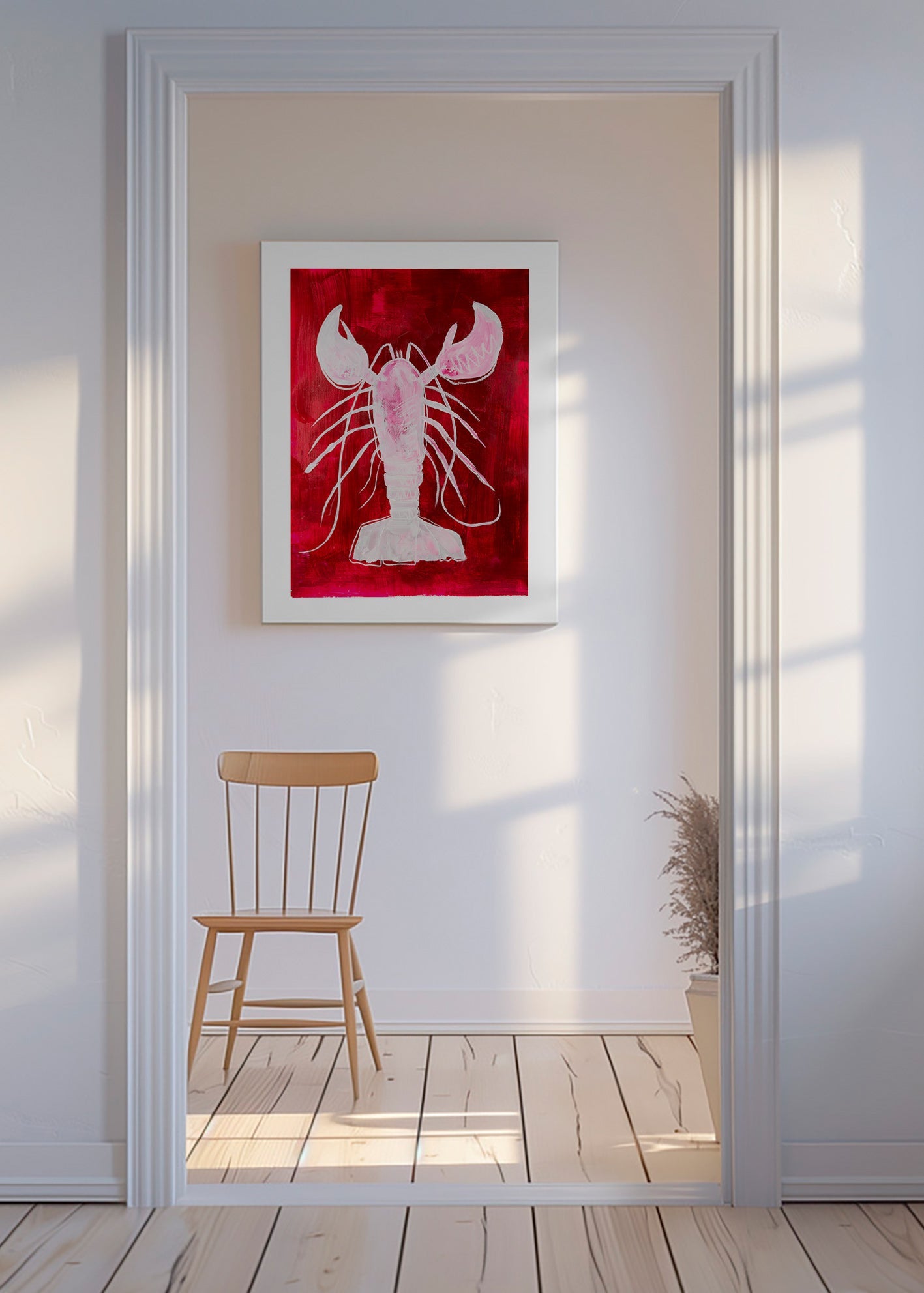 Køkkenkunst: hvid hummer på rød baggrund – Canvas