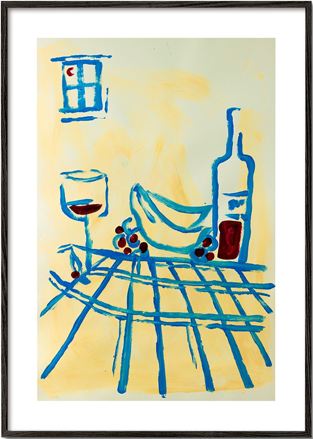 Køkkenkunst: blåt stilleben med bananer – Black Frame