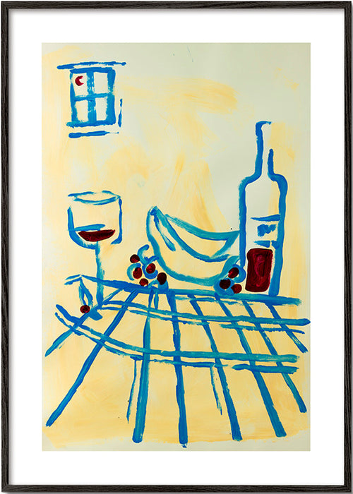 Køkkenkunst: blåt stilleben med bananer – Black Frame