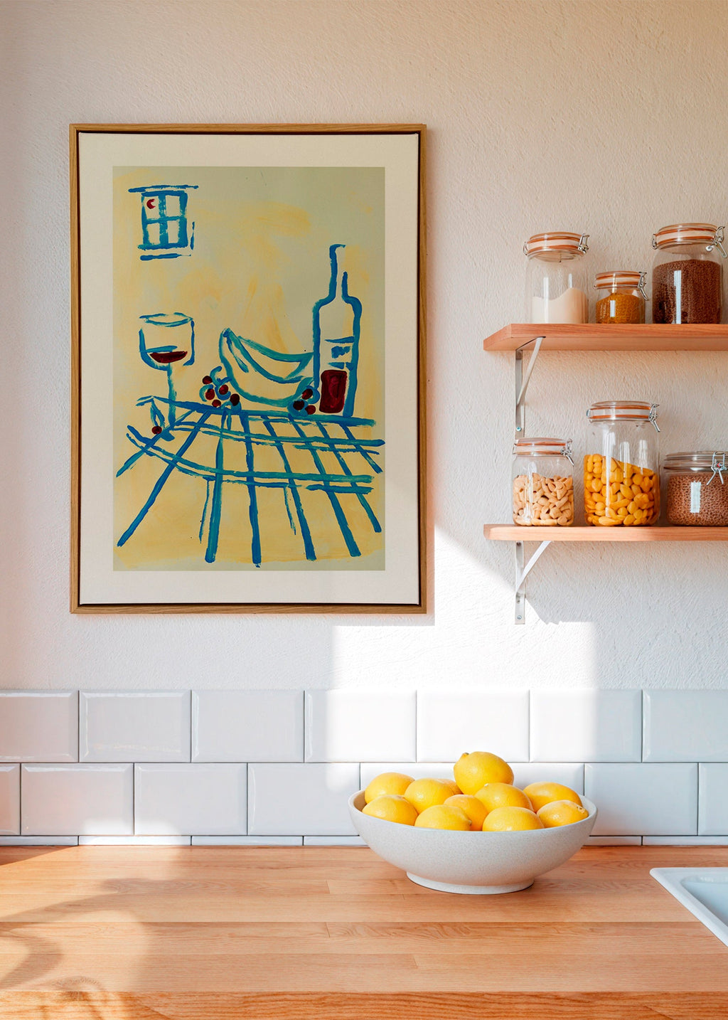 Køkkenkunst: blåt stilleben med bananer – Canvas1
