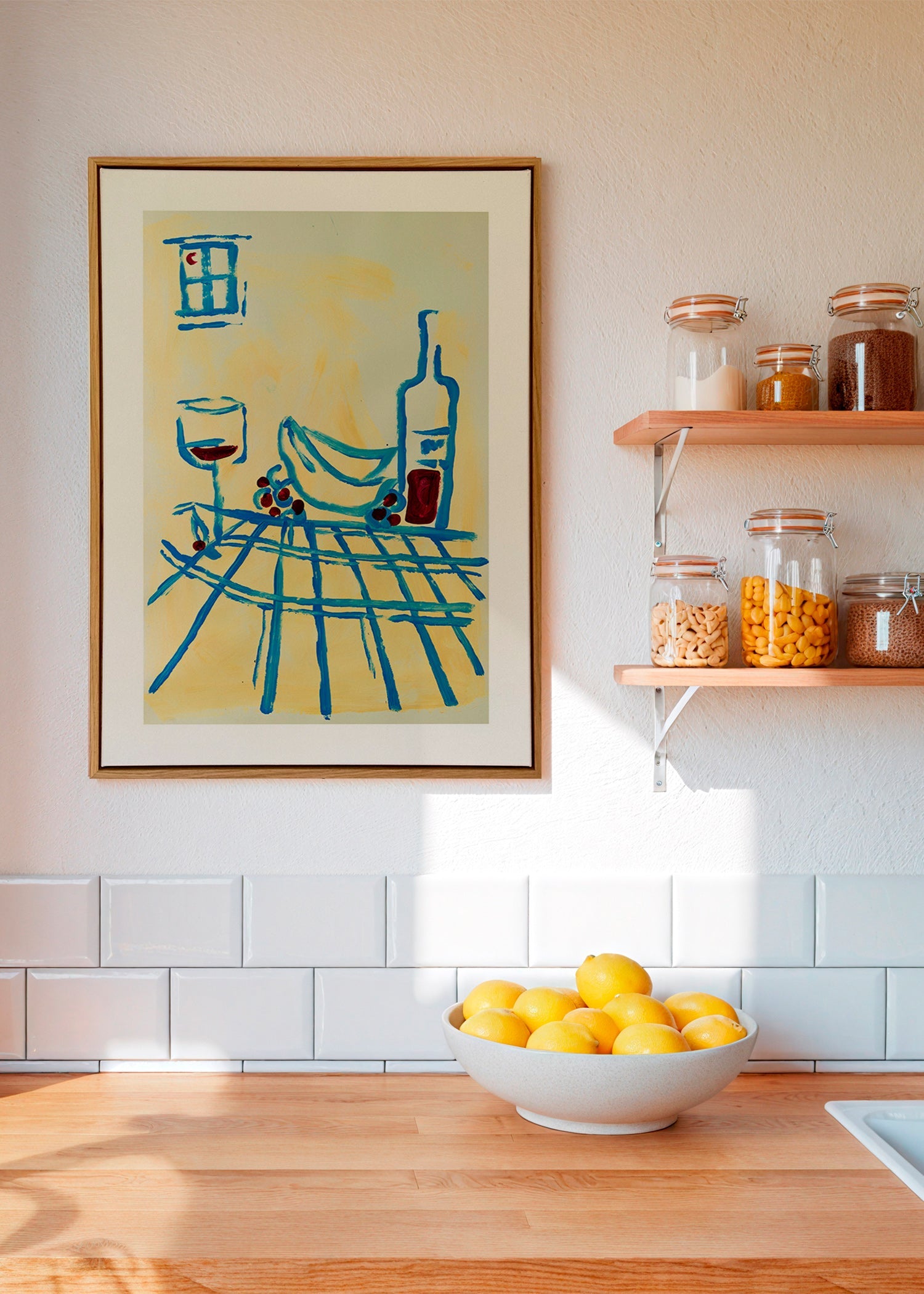 Køkkenkunst: blåt stilleben med bananer – Canvas1